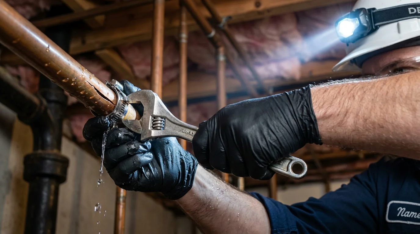 Emergency pipe clamp repair being performed by a Johns Plumbing LLC plumber in Fyffe
