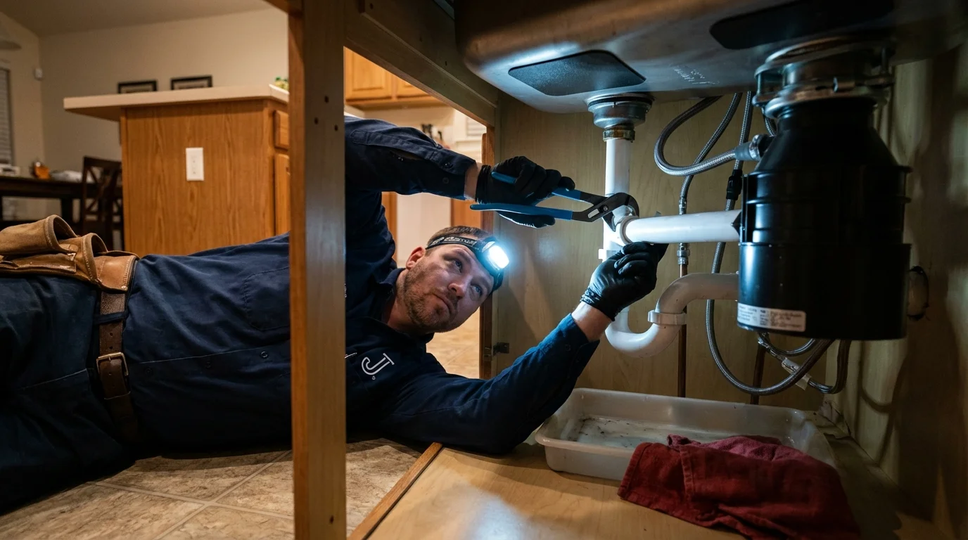 P-trap and supply line connections under a kitchen sink showing a common leak point in Fyffe, AL